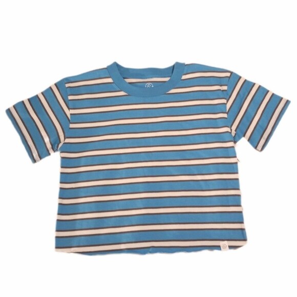 Treasure & Bond Blue Striped Short Sleeve Crop Top Womens - Picture 1 of 4